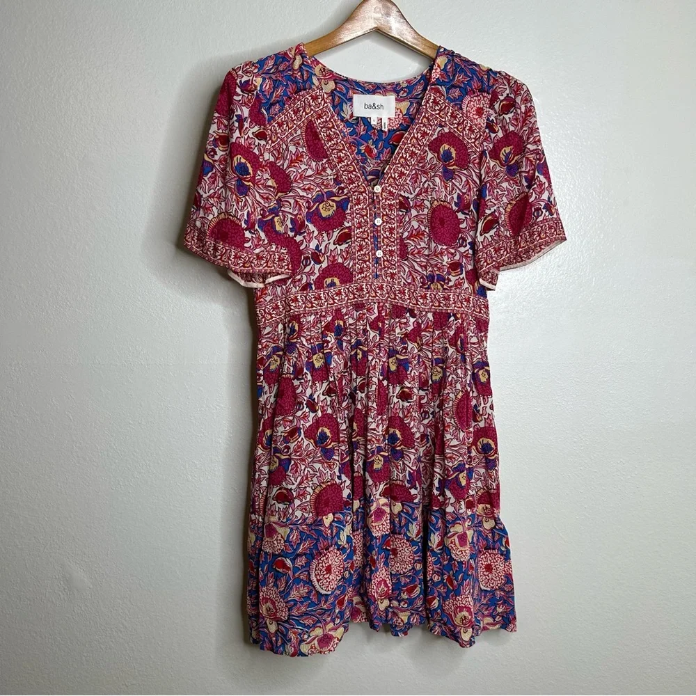 Ba&sh Valia Floral Pink Multicolor Bright Printed Mini Dress Size Small - Picture 5 of 13